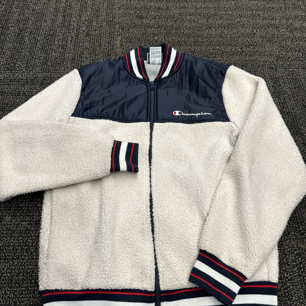 Off-White Sherpa Men's Small Varsity Trim Blue & Red Bomber Champion Jacket - Picture 2 of 8